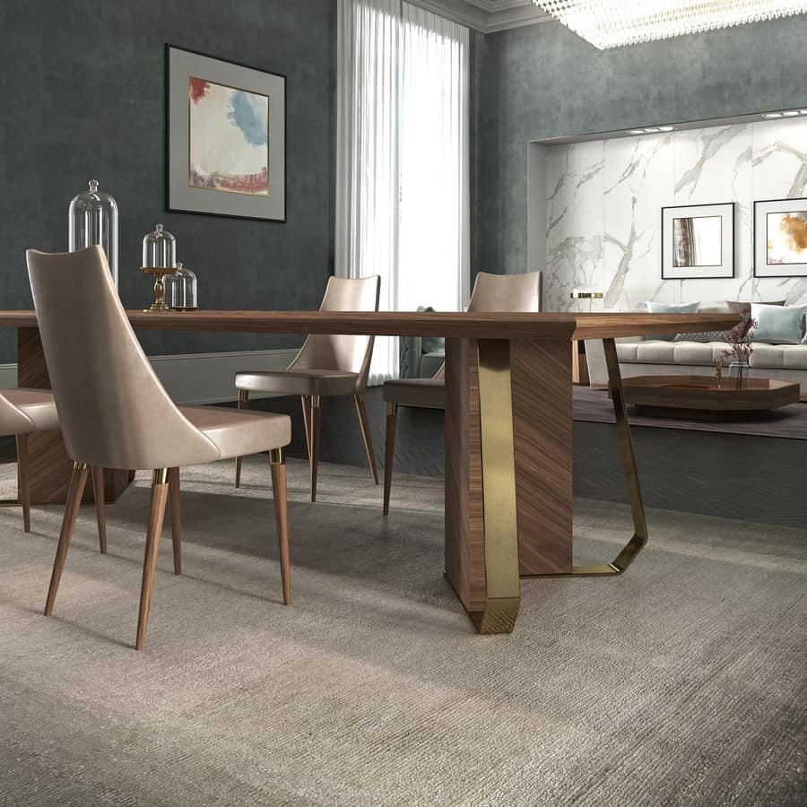 Intrigue table, Wood veneered table with metal finishes