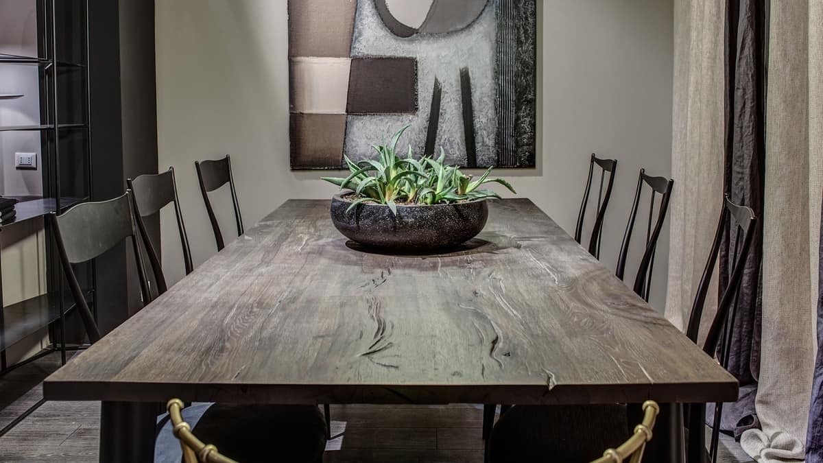 Milos Table, Rectangular iron table with walnut smoked top