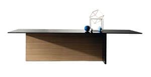 Regolo dining table, Table with top in transparent or smoked glass, base made of wood and glass