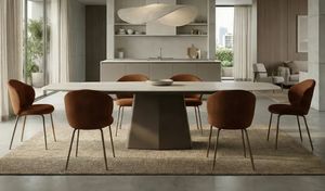 Zenit, Extendable table with sculptural metal base and ceramic top