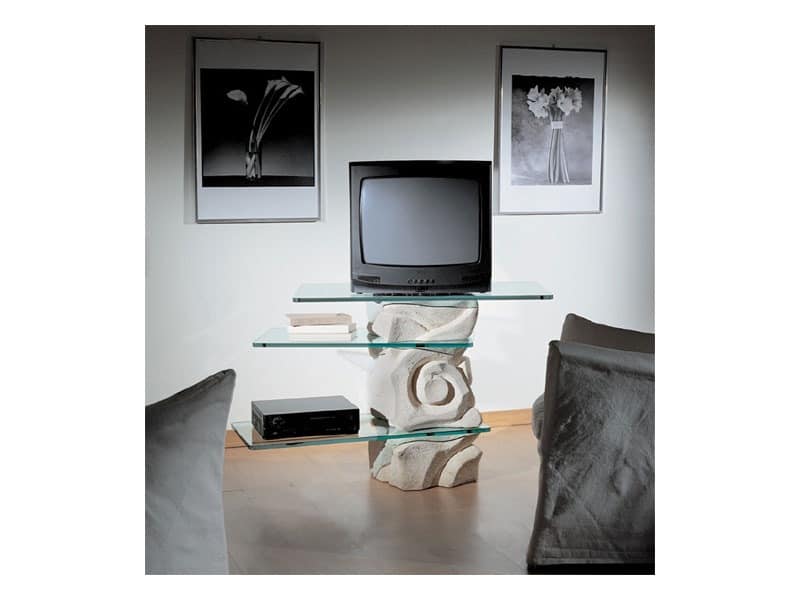 Corallo TV Unit, Swivel TV-stand, made of stone with glass shelves