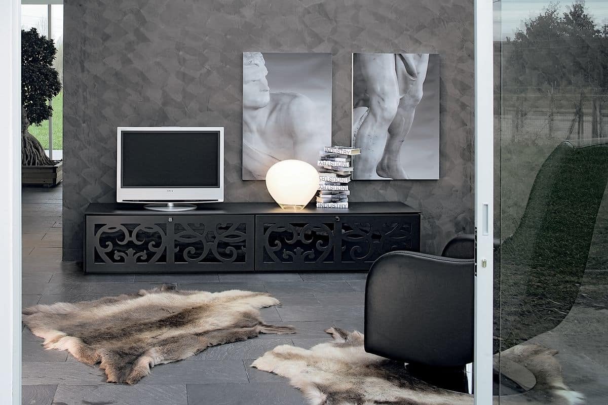 PARIS tv stand, Home theatre furniture, in perforated laminate, for living rooms