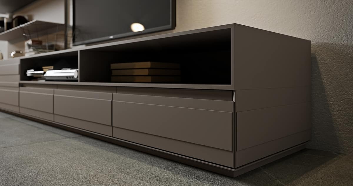 STRIPE low board on plinth comp.01, TV stand with drawers and hinged doors, several finishes