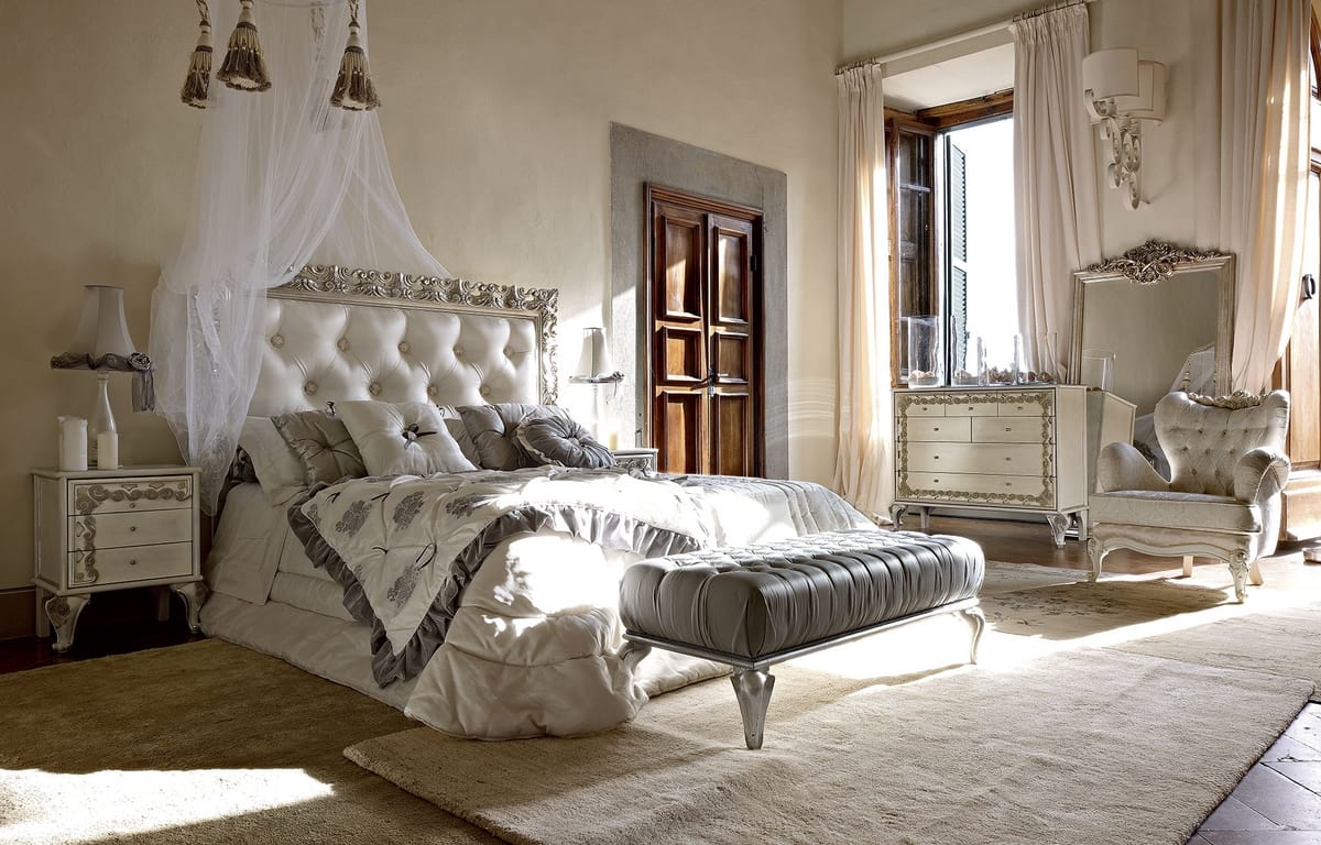 Angelica bed, Bed with tufted headboard and a precious carved frame