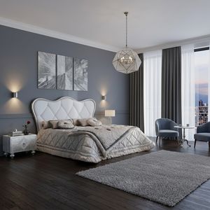 Art. 476, Bed with refined padded headboard and silver leaf finish wood