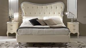 Hermes high bed, Bed in carved wood, padded headboard tufted