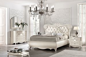 Margot bed, Bed in mother-of-pearl finish wood, with leather upholstery