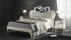 Mozart bed, Inlaid wood bed, padded headboard tufted
