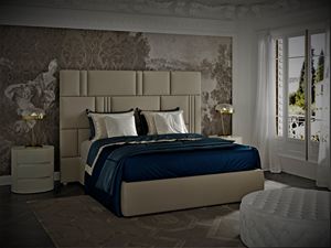 Myfair bed, Bed covered in leather, turtledove grey finish
