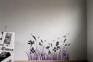 COLORFUL GRASS Black-Pink-Purple, Wall sticker with grass, flowers and dragonflies