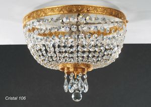 Art. CRISTAL 106, Ceiling lamp in golden brass with crystal pendants