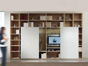 Day Library 01, Modular structure with bookshelf and TV stand, 2 sliding doors
