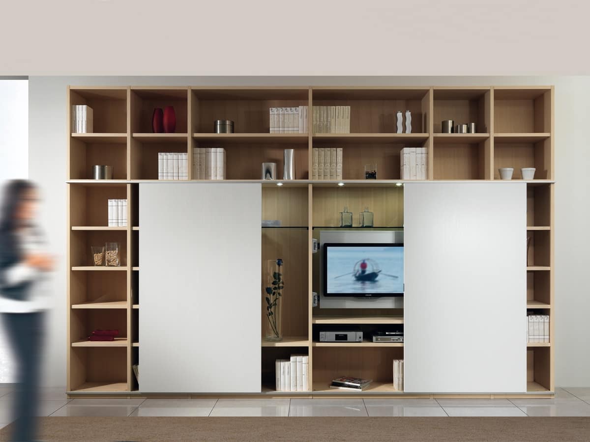 Modular Structure With Bookshelf And Tv Stand 2 Sliding Doors