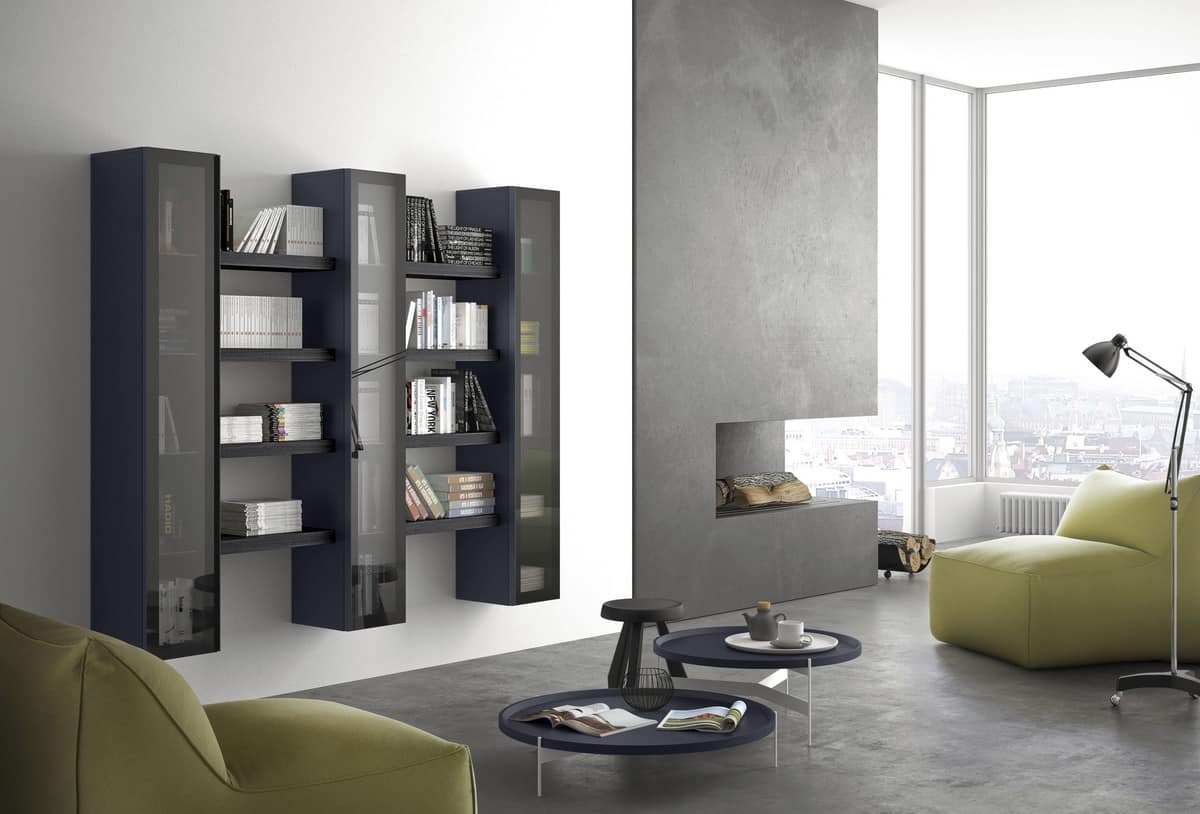 Spazio S304, Modular shelf, with display cabinet, for modern living