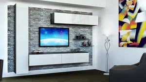 Venezia 10, Furniture for living room, with rock paneling, white lacquered hanging cabinets