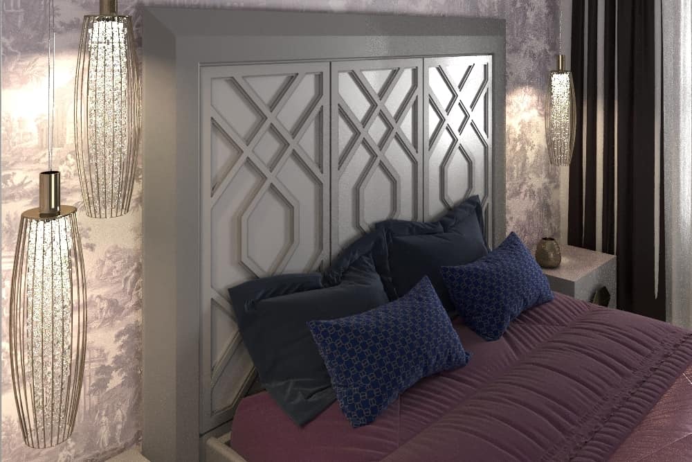 Intrigue Bed with 3 vertical panels, Bed with headboard with 3 panels, with geometric motifs