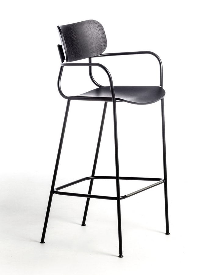 Kiyumi Wood ST, Stool with a sinuous structure in black steel