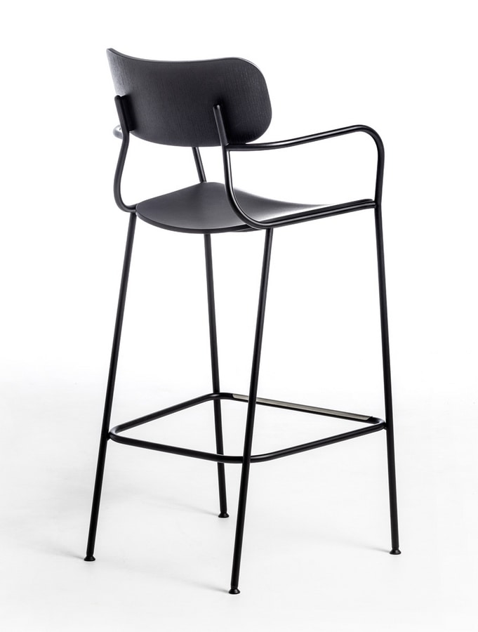 Kiyumi Wood ST, Stool with a sinuous structure in black steel
